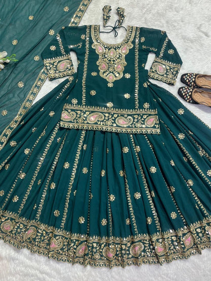 Dark Teal Blue Faux Georgette Heavy Embroidered Lehenga Suit Ready Made Designer Suits Shopin Di Apparels 