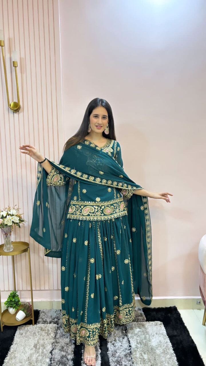 Dark Teal Blue Faux Georgette Heavy Embroidered Lehenga Suit Ready Made Designer Suits Shopin Di Apparels 