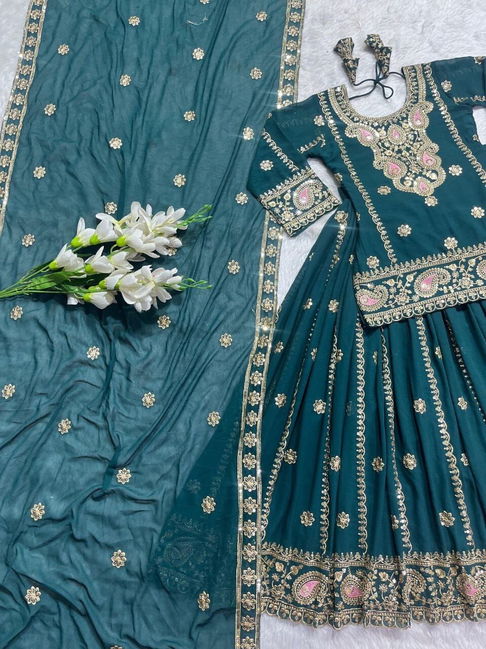 Dark Teal Blue Faux Georgette Heavy Embroidered Lehenga Suit Ready Made Designer Suits Shopin Di Apparels 