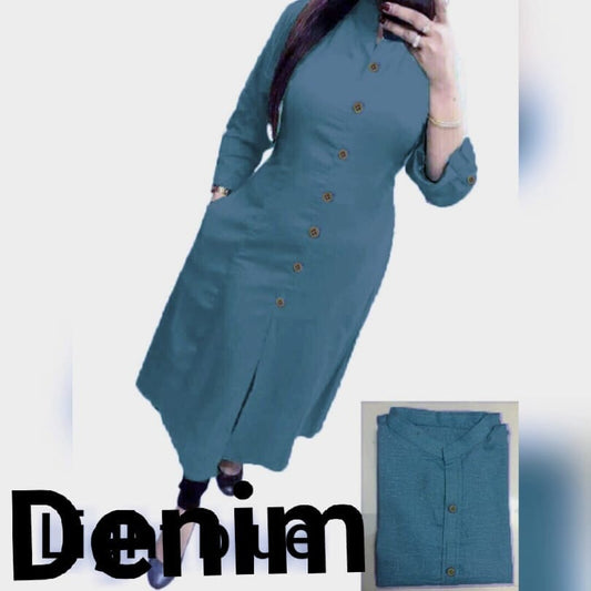 Denim Blue Plain Collar Cotton Kurti with Button and Pockets Kurti Shopin Di Apparels 