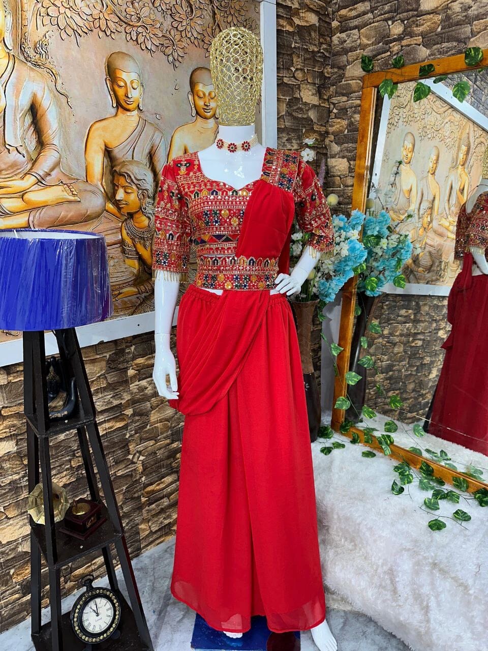 Designer Red Embroidered PartyWear Blouse and Sharara Suit Ready Made Designer Suits Shopin Di Apparels 