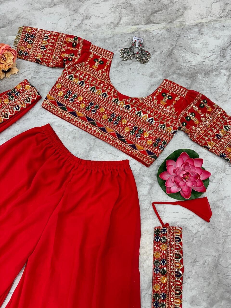 Designer Red Embroidered PartyWear Blouse and Sharara Suit Ready Made Designer Suits Shopin Di Apparels 