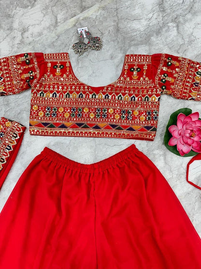 Designer Red Embroidered PartyWear Blouse and Sharara Suit Ready Made Designer Suits Shopin Di Apparels 