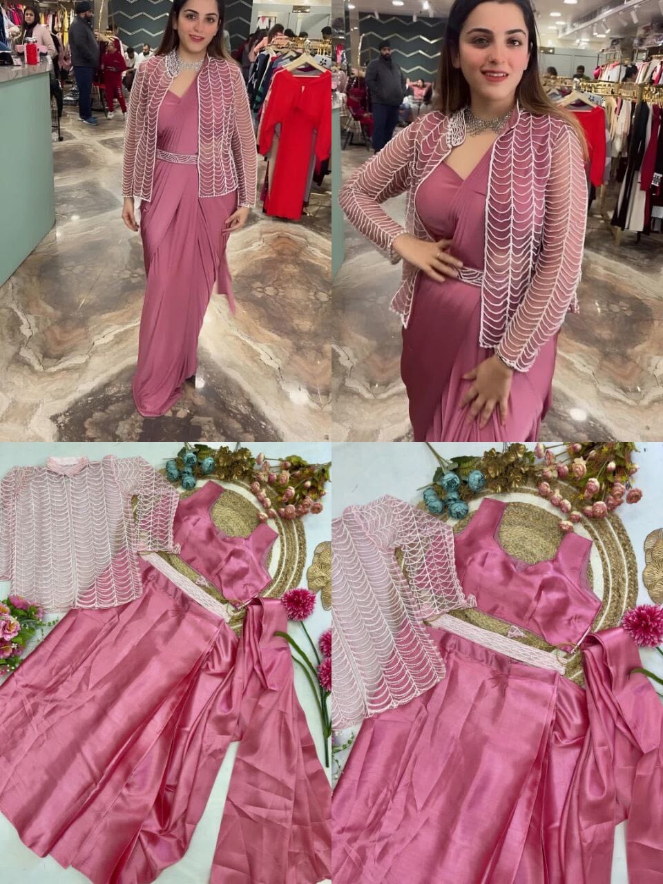 Dusty Pink Super Hit Ready To Wear Saree With Jacket Saree Ready to Wear Saree Shopin Di Apparels 