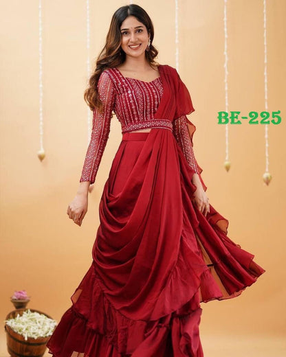 Fancy Party Wear Red Sequence Work Lehenga Saree with Readymade Blouse and Belt Ready to Wear Saree Shopin Di Apparels 