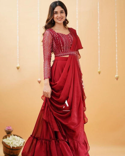 Fancy Party Wear Red Sequence Work Lehenga Saree with Readymade Blouse and Belt Ready to Wear Saree Shopin Di Apparels 