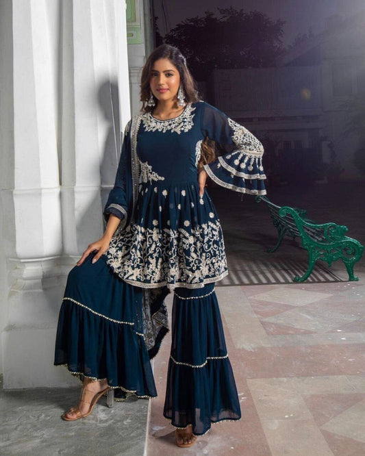 Faux Georgette With Heavy Embroidery Work With Heavy Moti Lace Work With Fancy Sleeve Designer Sharara Suit Ready Made Designer Suits Shopin Di Apparels 