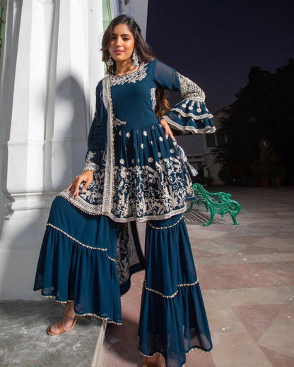 Faux Georgette With Heavy Embroidery Work With Heavy Moti Lace Work With Fancy Sleeve Designer Sharara Suit Ready Made Designer Suits Shopin Di Apparels 