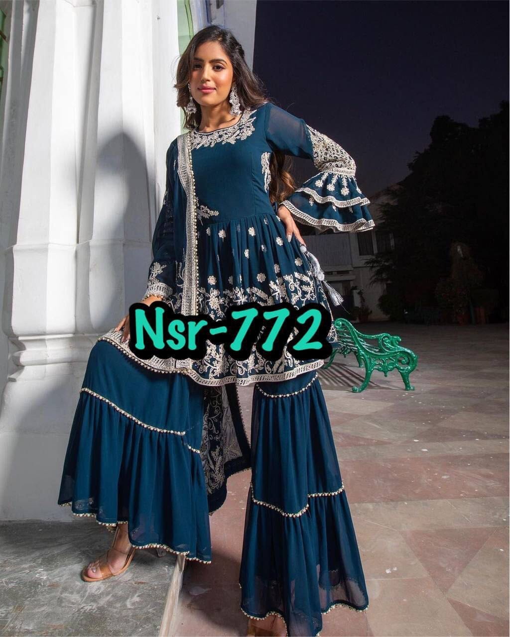 Faux Georgette With Heavy Embroidery Work With Heavy Moti Lace Work With Fancy Sleeve Designer Sharara Suit Ready Made Designer Suits Shopin Di Apparels 