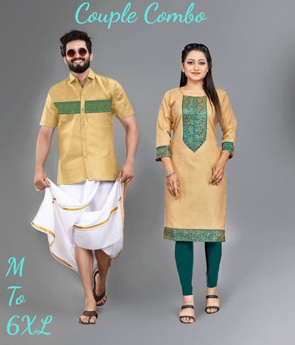 Gold Cotton Slub with Jaquard Lace Kurti & Kurta Couple Combo Combo Shopin Di Apparels 