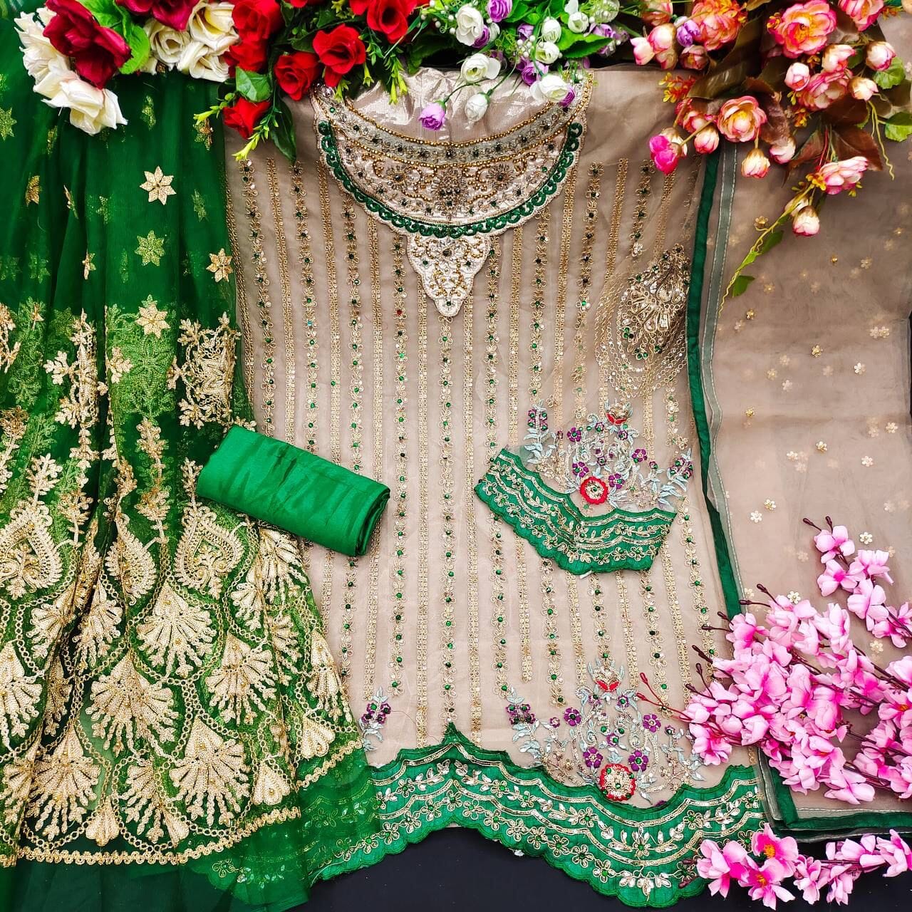 Green Heavy Net Stone Work Fancy Embroidered Lehenga Suit Designer Suit Shopin Di Apparels 