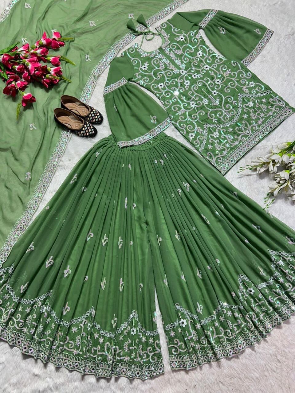 Green Pink Fancy Georgette Bell Sleeve Party Wear Gharara Suit Ready Made Designer Suits Shopin Di Apparels 