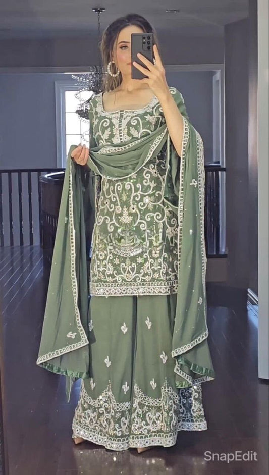 Green Pink Fancy Georgette Bell Sleeve Party Wear Gharara Suit Ready Made Designer Suits Shopin Di Apparels 
