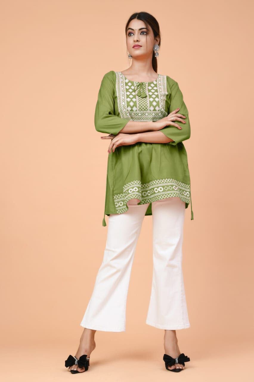 Green Rayon Embroidered Kurti Short Top Kurti Shopin Di Apparels 