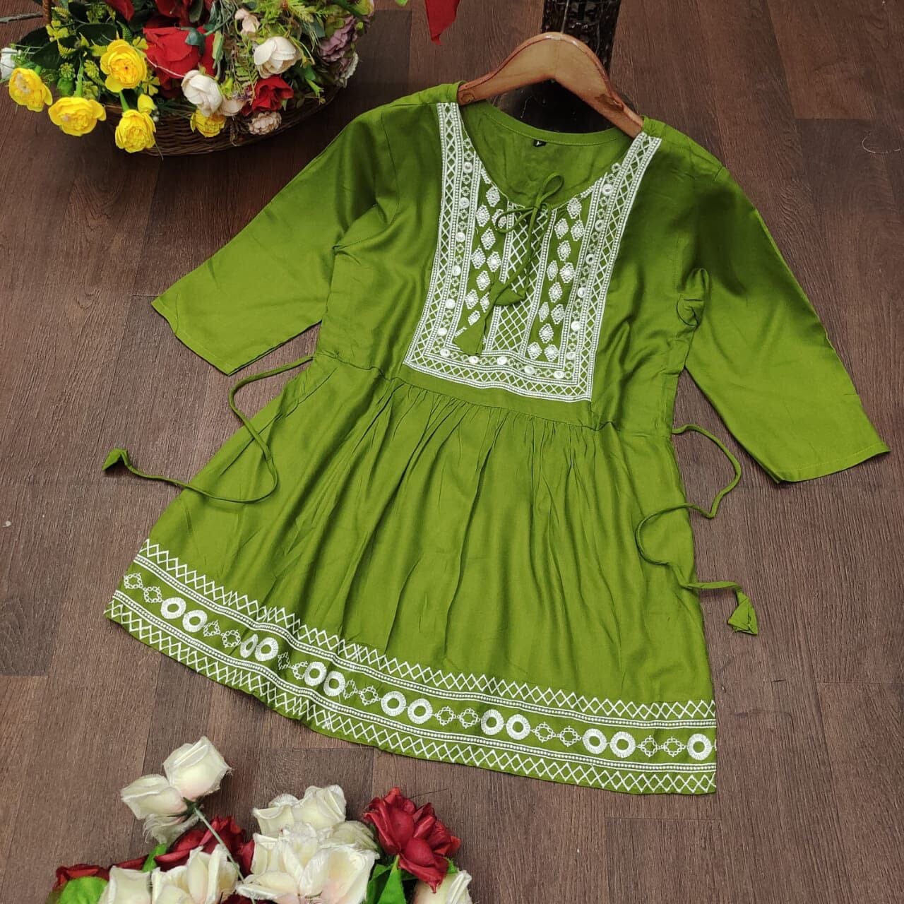 Green Rayon Embroidered Kurti Short Top Kurti Shopin Di Apparels 