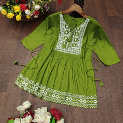 Green Rayon Embroidered Kurti Short Top Kurti Shopin Di Apparels 