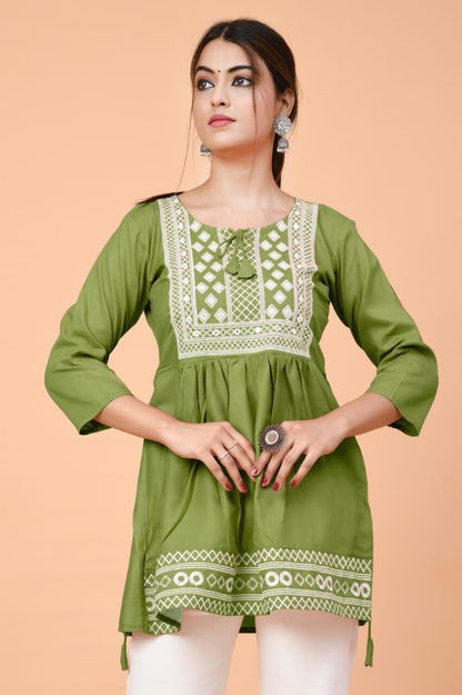 Green Rayon Embroidered Kurti Short Top Kurti Shopin Di Apparels 