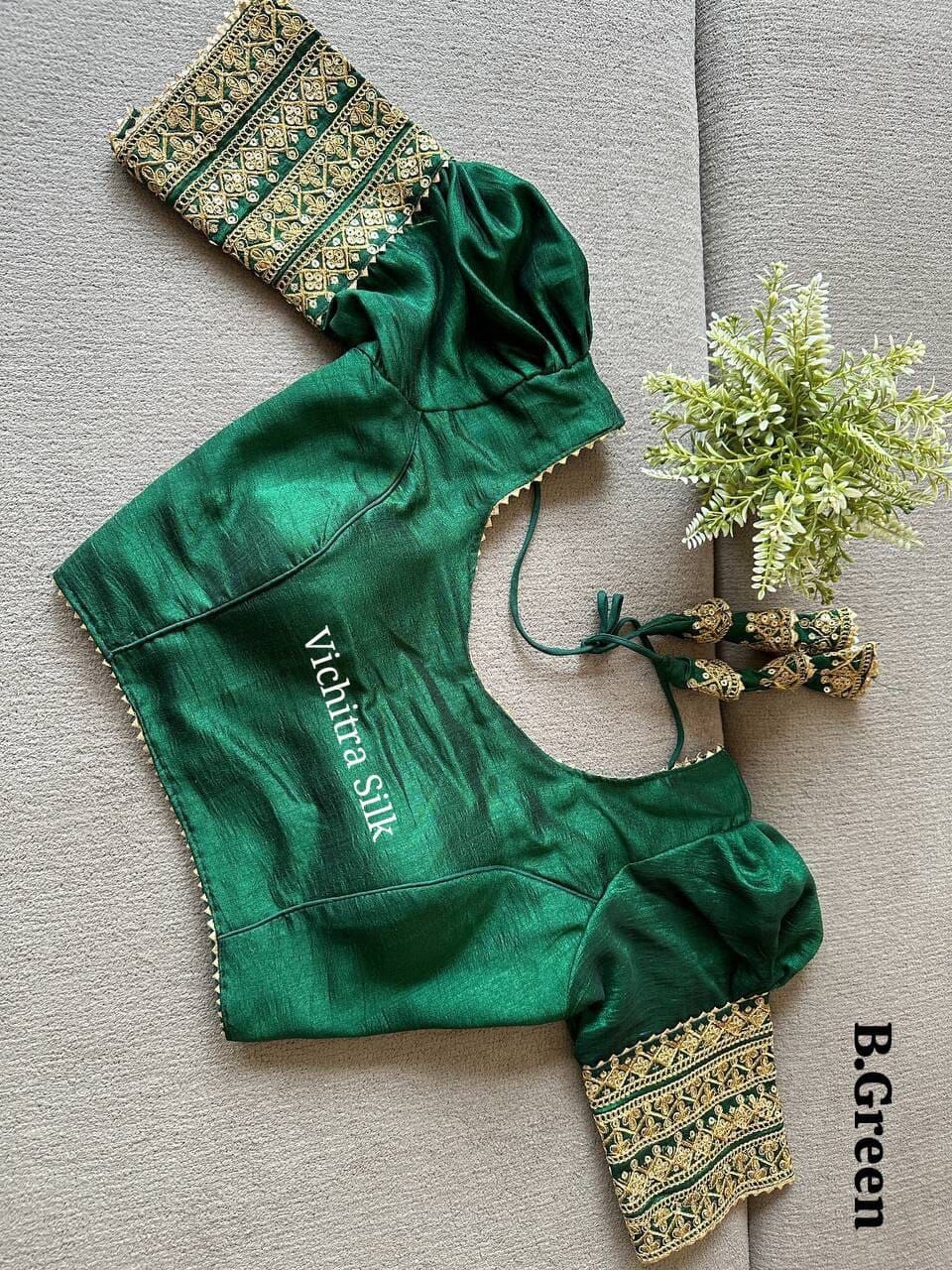 Green Vichitra Silk Readymade Blouse with Puff Sleeves and Embroidery Readymade Blouse Shopin Di Apparels 