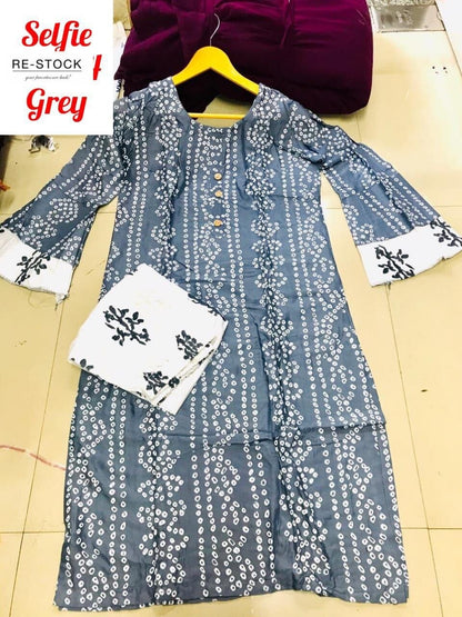 Grey Bandhej Printed Bell Sleeve Kurti with Plazzo set Kurti with plazzo Shopin Di Apparels 