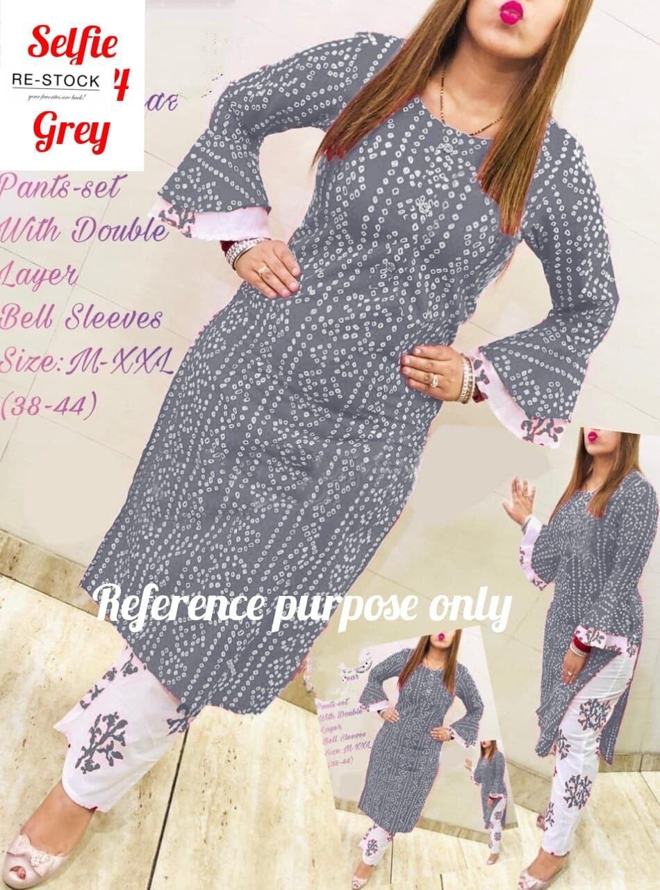 Grey Bandhej Printed Bell Sleeve Kurti with Plazzo set Kurti with plazzo Shopin Di Apparels 