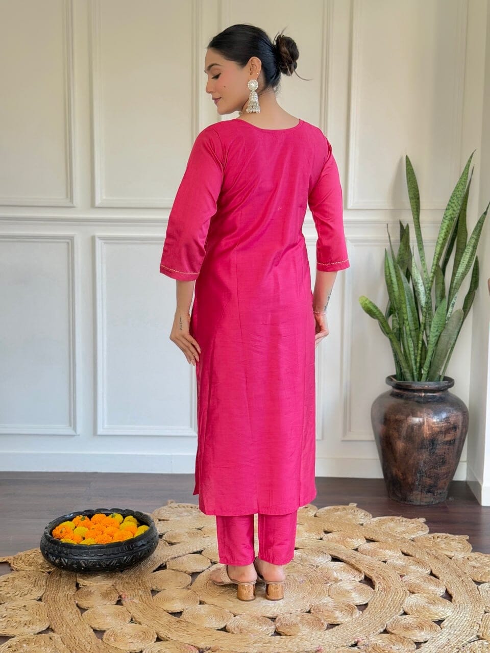 Hot Pink Chanderi Viscose Kurti with Chanderi Dupatta and Pant set Kurti with Bottom and Dupatta Shopin Di Apparels 