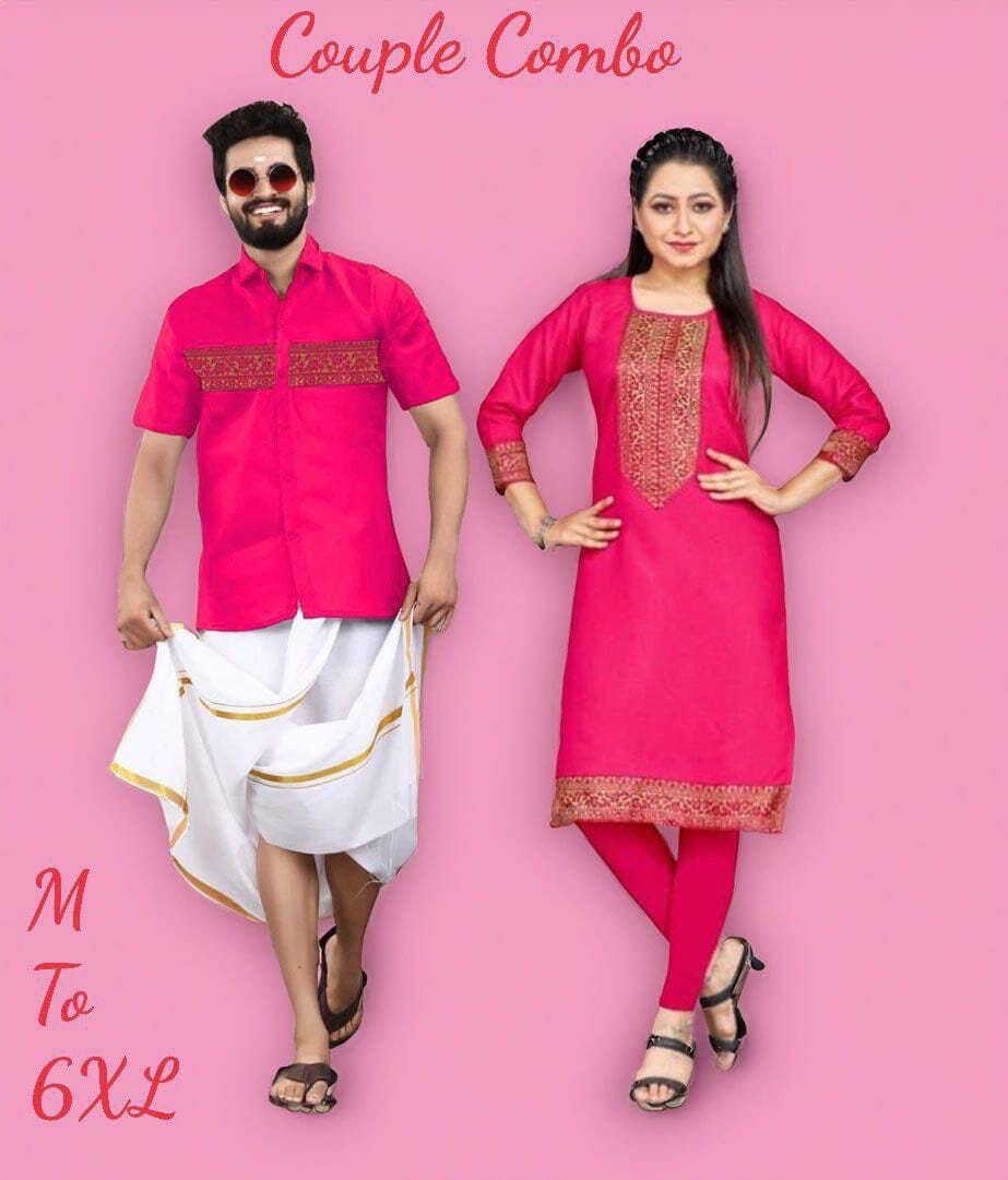 Hot Pink Cotton Slub with Jaquard Lace Kurti & Kurta Couple Combo Combo Shopin Di Apparels 