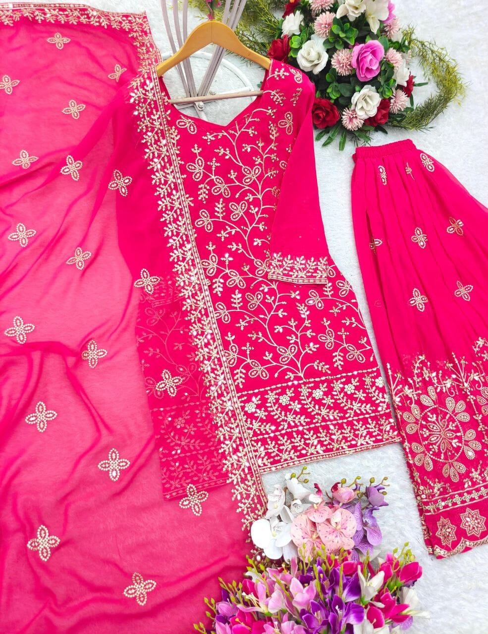 Hot Pink Pure Fox Georgette Plazzo Ready Made Suit Ready Made Designer Suits Shopin Di Apparels 