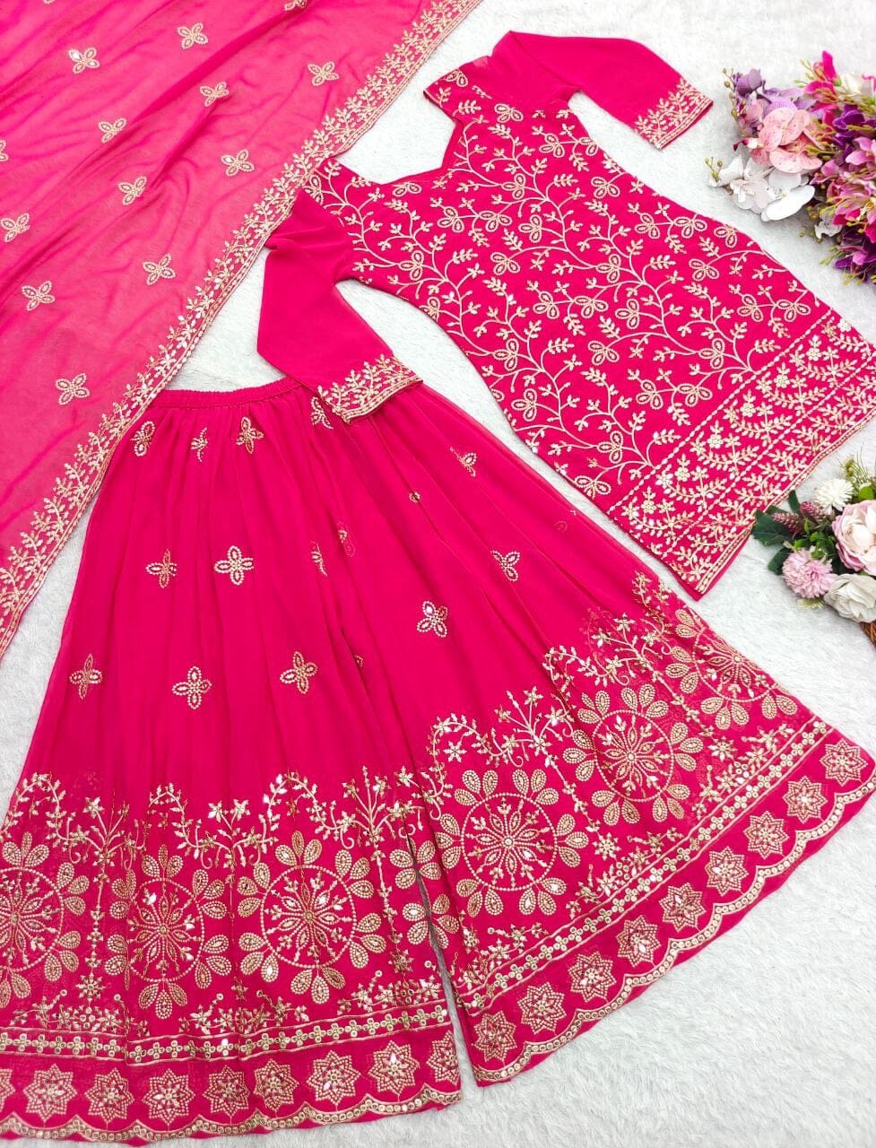 Hot Pink Pure Fox Georgette Plazzo Ready Made Suit Ready Made Designer Suits Shopin Di Apparels 