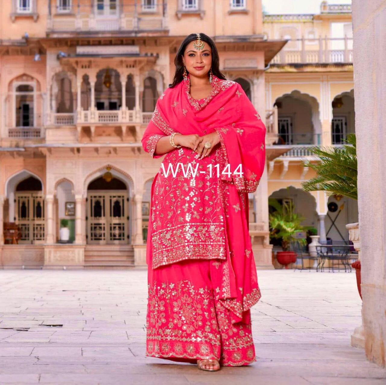 Hot Pink Pure Fox Georgette Plazzo Ready Made Suit Ready Made Designer Suits Shopin Di Apparels 