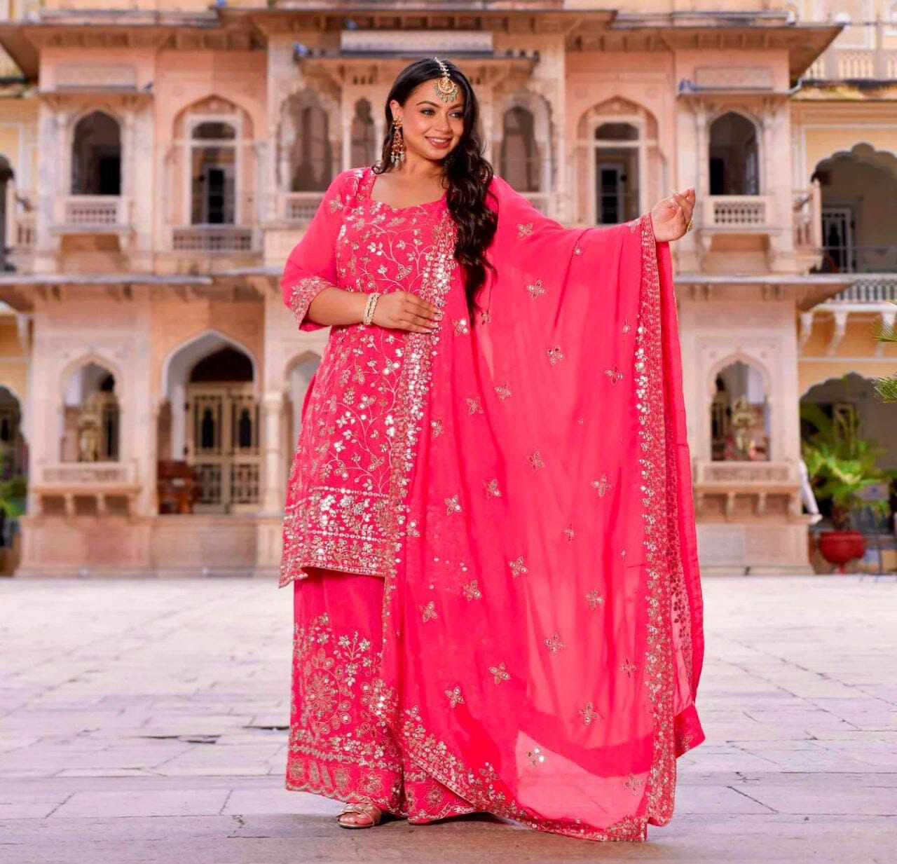 Hot Pink Pure Fox Georgette Plazzo Ready Made Suit Ready Made Designer Suits Shopin Di Apparels 