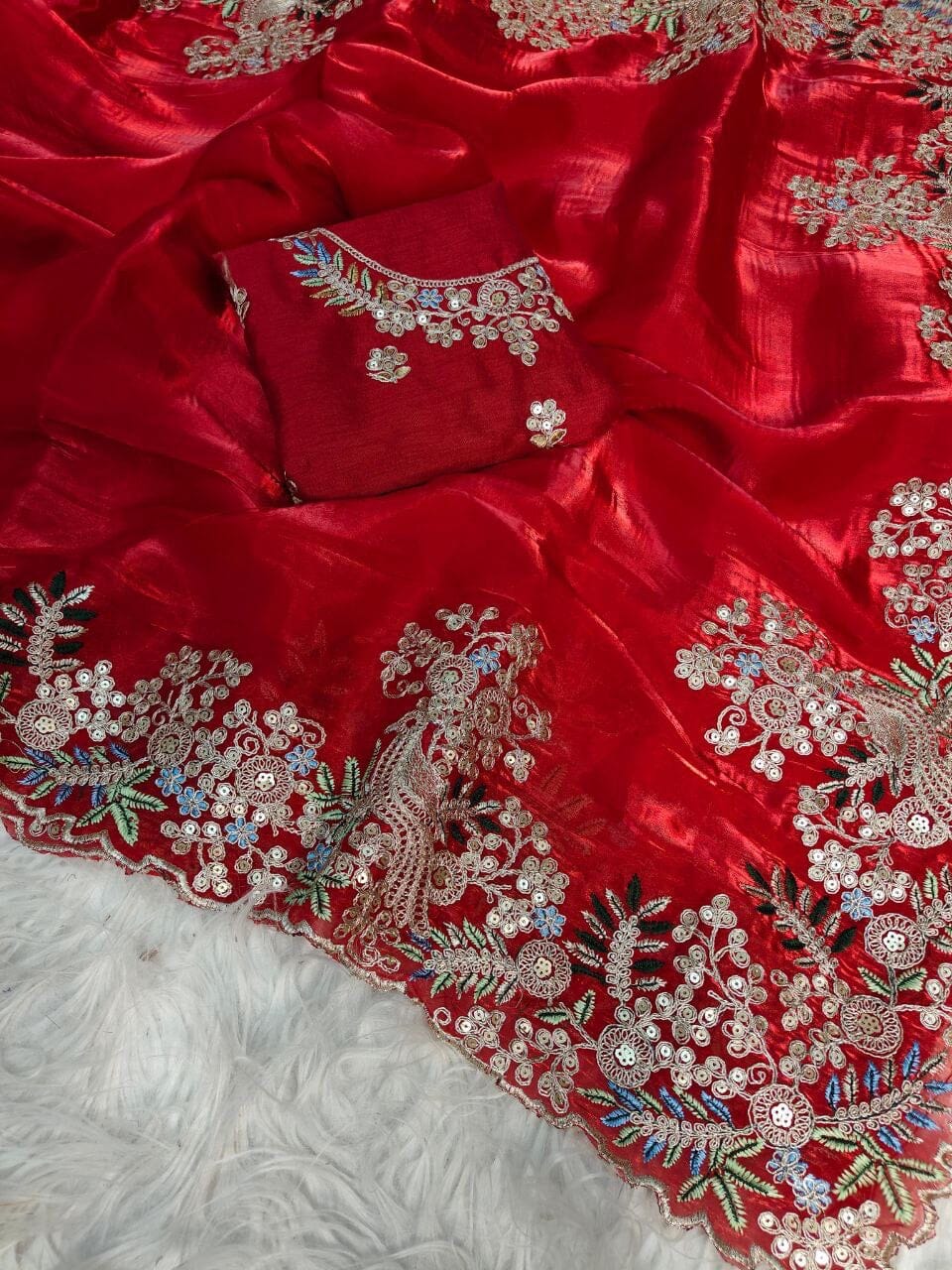 Hot Red Pure Jimmy Choo Silk with Coding Sequence Embroidered work Designer Saree Designer saree Shopin Di Apparels 