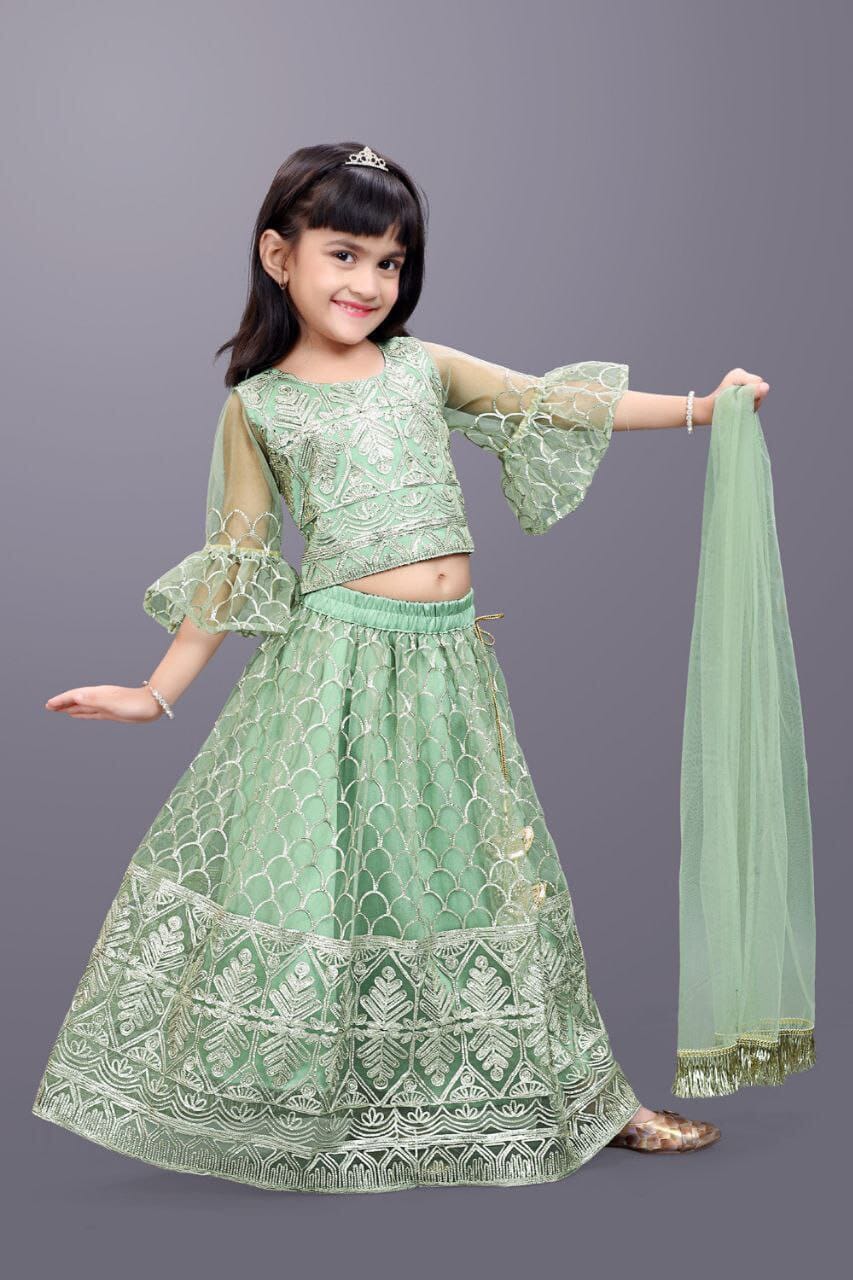 Kids Readymade Green Embroidery Lehenga Choli Kid's Lehenga Shopin Di Apparels 