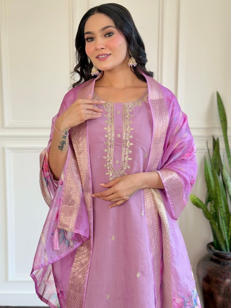 Lavender Purple Embroidered Chanderi Kurti with Jacquard Dupatta and Pant set Kurti with Bottom and Dupatta Shopin Di Apparels 