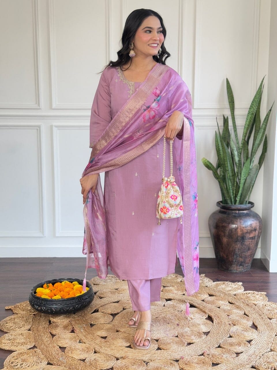 Lavender Purple Embroidered Chanderi Kurti with Jacquard Dupatta and Pant set Kurti with Bottom and Dupatta Shopin Di Apparels 