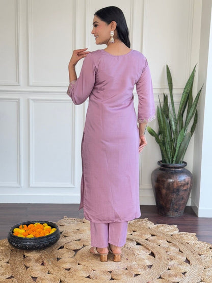 Lavender Purple Embroidered Chanderi Kurti with Jacquard Dupatta and Pant set Kurti with Bottom and Dupatta Shopin Di Apparels 