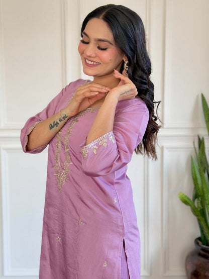 Lavender Purple Embroidered Chanderi Kurti with Jacquard Dupatta and Pant set Kurti with Bottom and Dupatta Shopin Di Apparels 