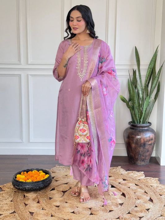 Lavender Purple Embroidered Chanderi Kurti with Jacquard Dupatta and Pant set Kurti with Bottom and Dupatta Shopin Di Apparels 