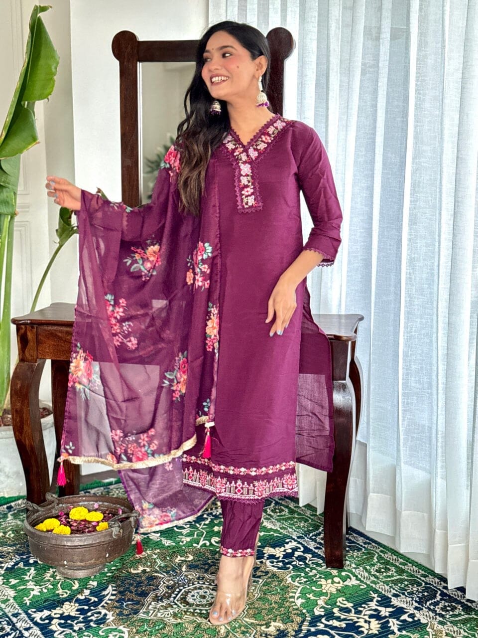 Lavender Purple Embroidered Chanderi Top with Silk Dupatta and Pant set Kurti with Bottom and Dupatta Shopin Di Apparels 