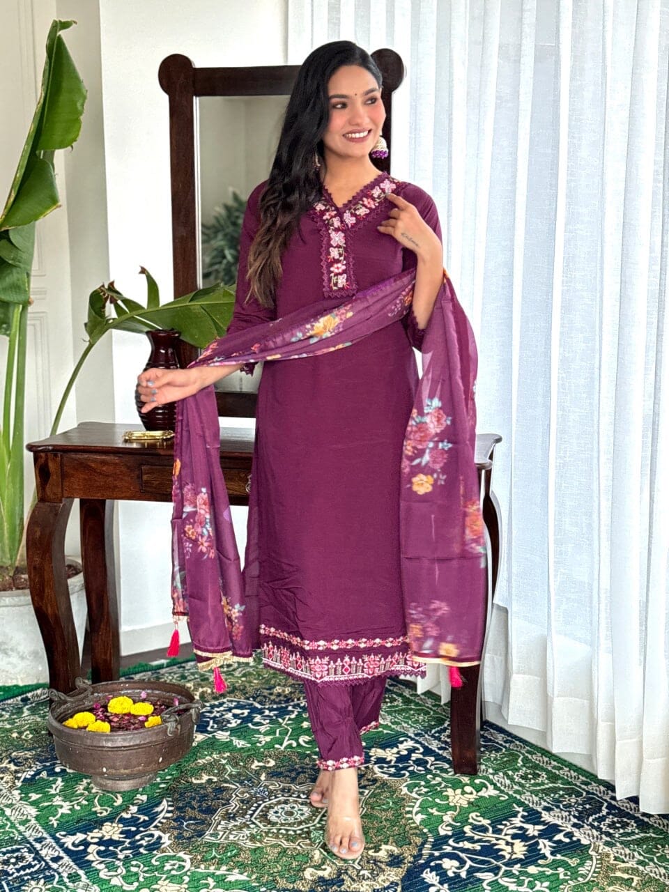 Lavender Purple Embroidered Chanderi Top with Silk Dupatta and Pant set Kurti with Bottom and Dupatta Shopin Di Apparels 