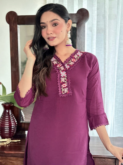 Lavender Purple Embroidered Chanderi Top with Silk Dupatta and Pant set Kurti with Bottom and Dupatta Shopin Di Apparels 