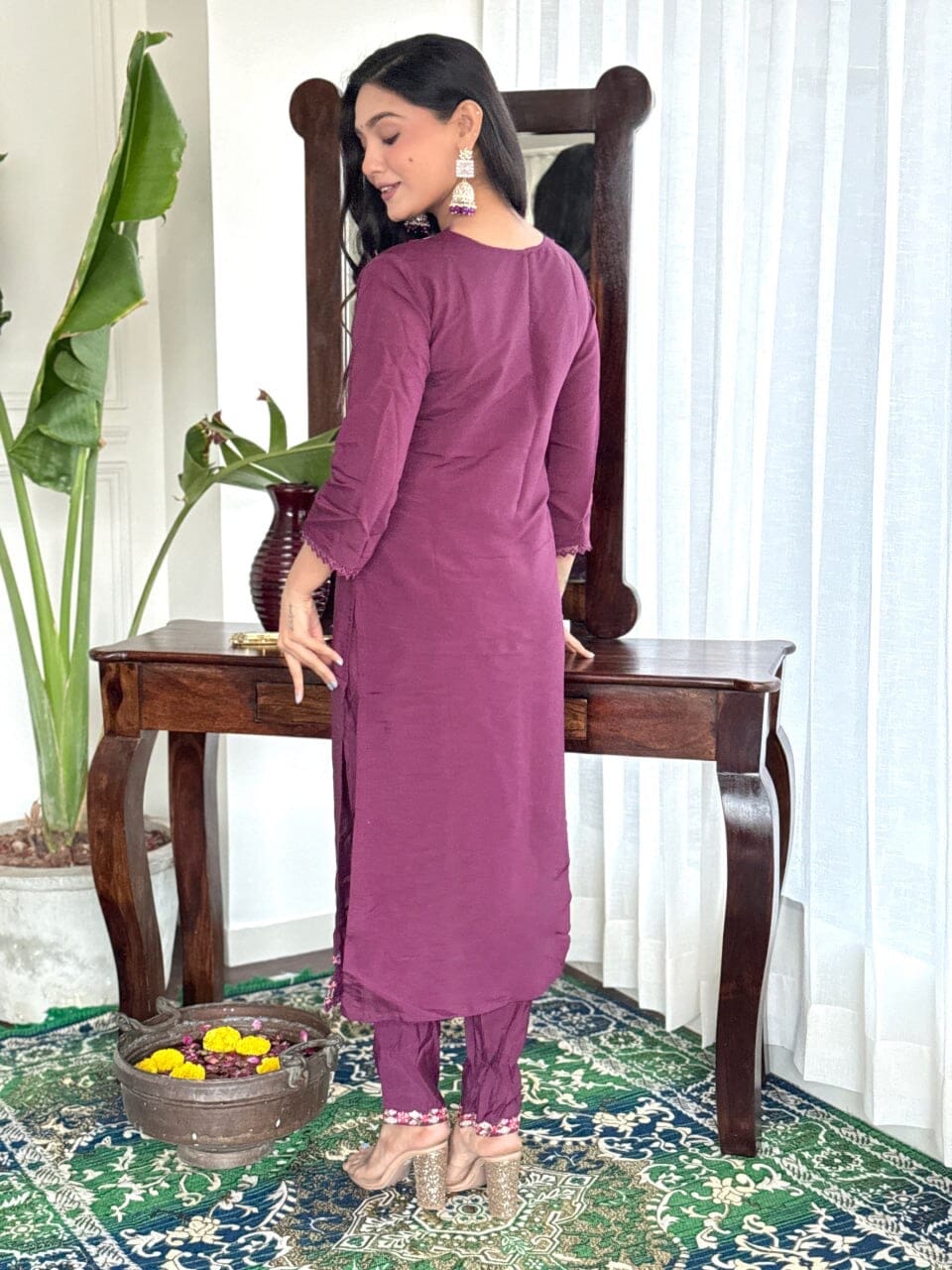 Lavender Purple Embroidered Chanderi Top with Silk Dupatta and Pant set Kurti with Bottom and Dupatta Shopin Di Apparels 