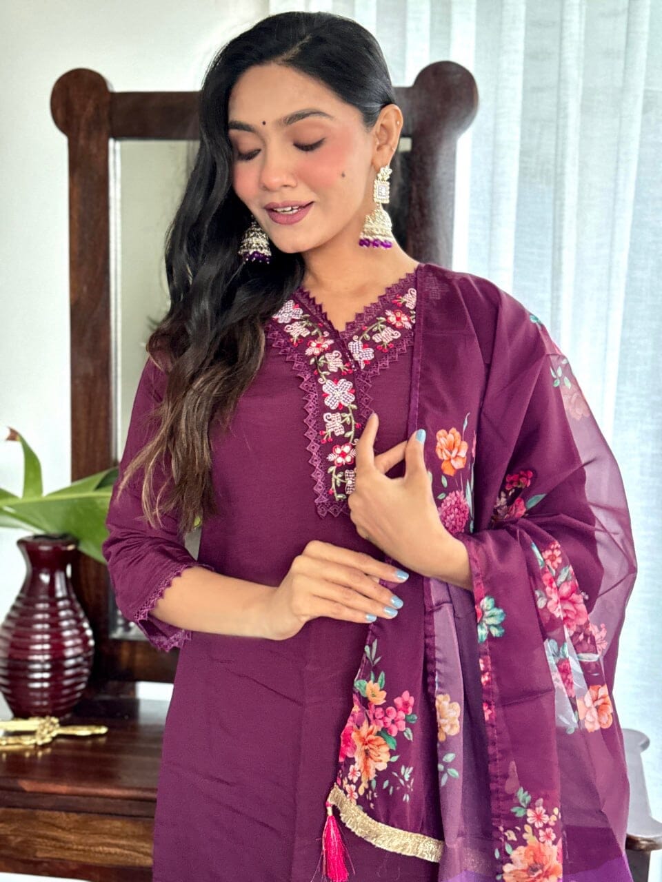 Lavender Purple Embroidered Chanderi Top with Silk Dupatta and Pant set Kurti with Bottom and Dupatta Shopin Di Apparels 