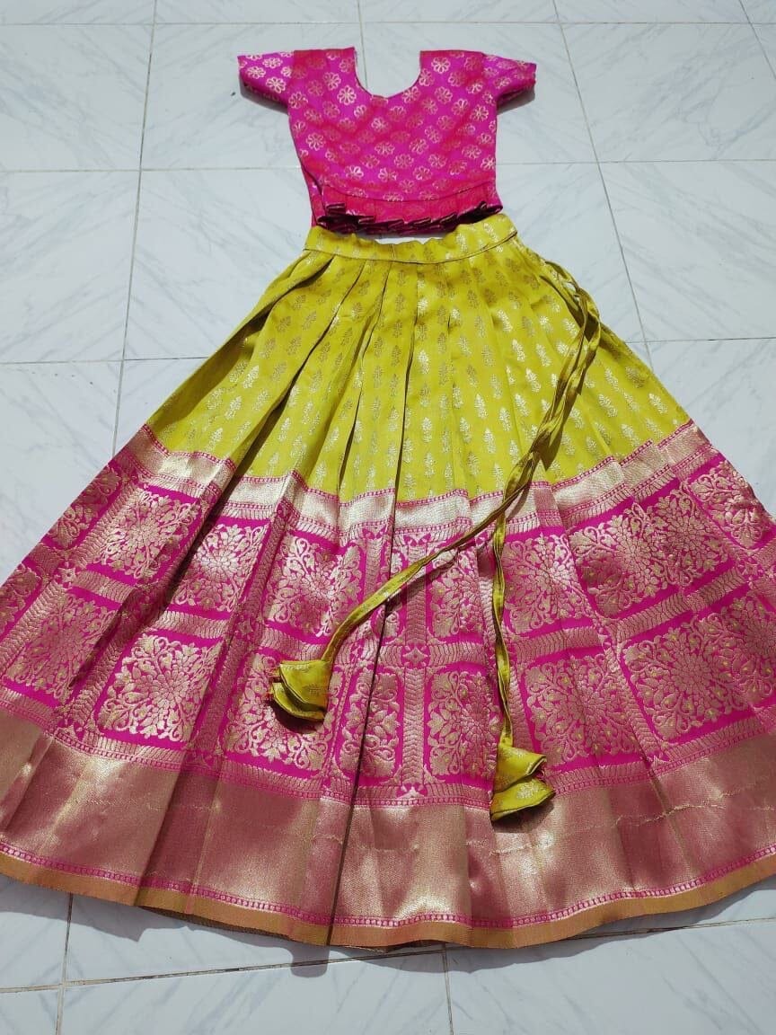 Lemon Yellow Pink Silk Kid's Lehenga Festival Wear Pavadai Sattai 3 colors Kid's Lehenga Shopindiapparels.com 