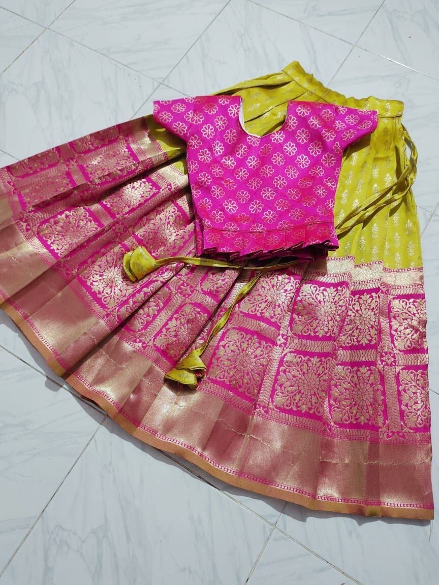 Lemon Yellow Pink Silk Kid's Lehenga Festival Wear Pavadai Sattai 3 colors Kid's Lehenga Shopindiapparels.com 