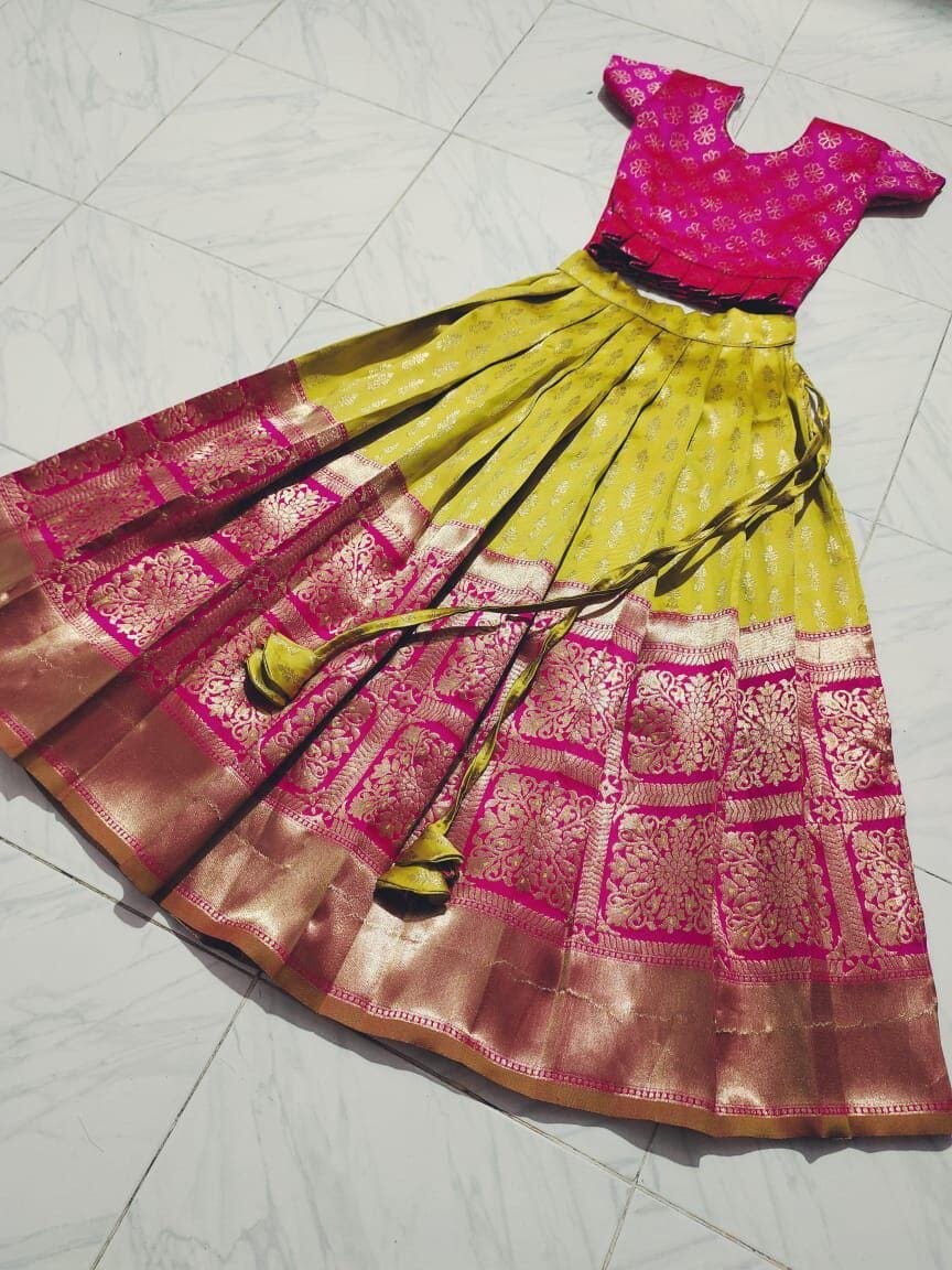 Lemon Yellow Pink Silk Kid's Lehenga Festival Wear Pavadai Sattai 3 colors Kid's Lehenga Shopindiapparels.com 