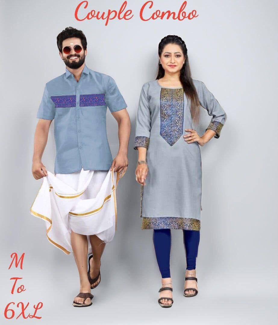 Light Blue Cotton Slub with Jaquard Lace Kurti & Kurta Couple Combo Combo Shopin Di Apparels 