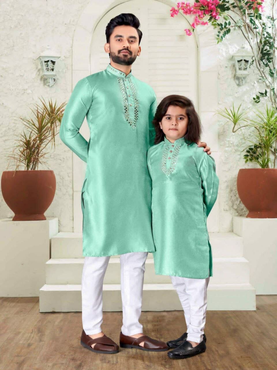 Light Blue Men's & Kids Traditional wear Kurtas Pyjamas Combo Combo Shopin Di Apparels 