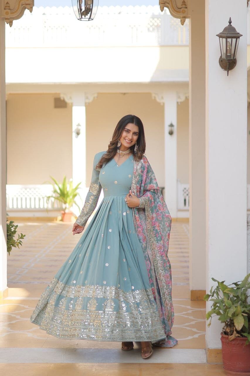 Light Blue Premium Readymade Designer Georgette Sequence Work Gown with Tabby silk Embroidered Dupatta Gown with Dupatta Shopin Di Apparels 