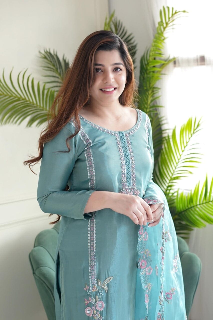 Light Blue Pure Chinnon Designer Suit with Lace Dupatta Ready Made Designer Suits Shopin Di Apparels 