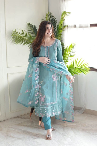 Light Blue Pure Chinnon Designer Suit with Lace Dupatta Ready Made Designer Suits Shopin Di Apparels 